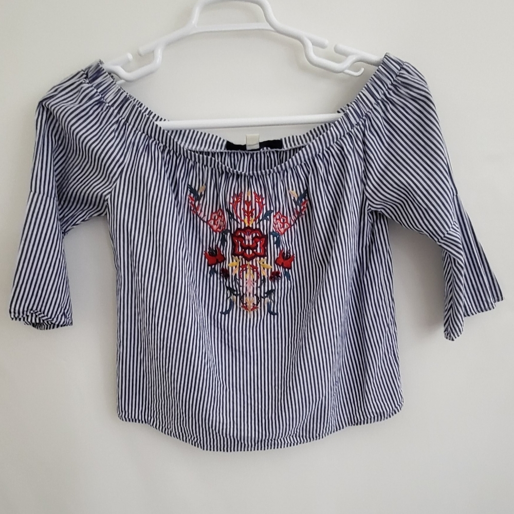 Blue Rair Shirt Navy Floral Embroidered Off Shoulder Short Sleeve Stripped Sz S